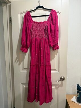 Bright Pink Smocked Maxi Dress with Puff Sleeves